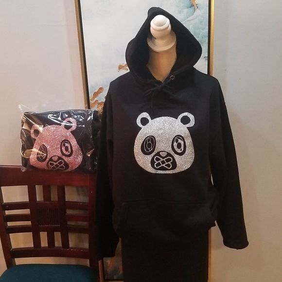 Glitter Panda Face Streetwear Hoodie NWOT Sz.M Oversized CHOOSE PINK OR SILVER - Picture 1 of 13